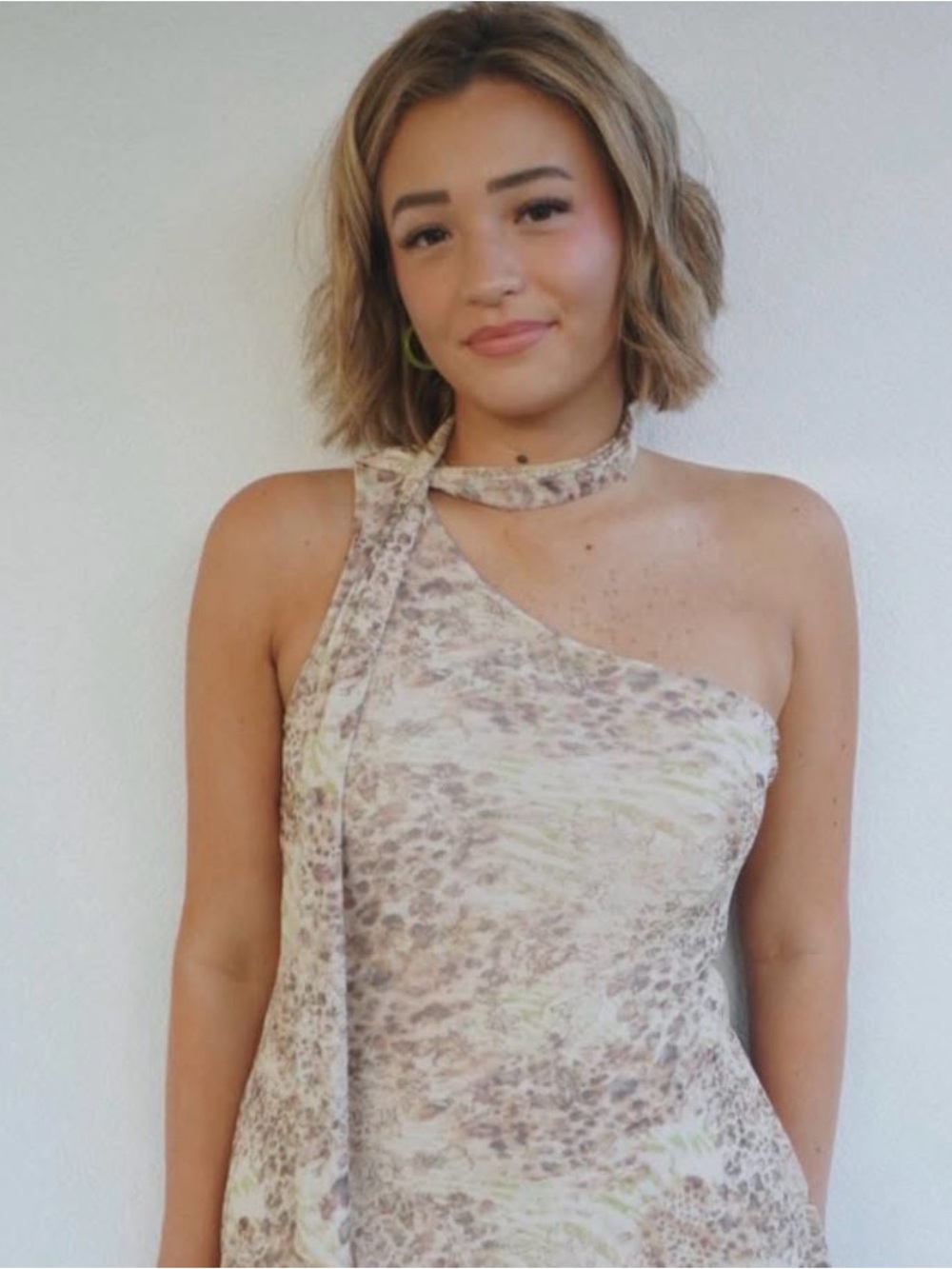 See You Monday One-Shoulder Scarf-Neck Animal Print Dress in Beige and Cream
